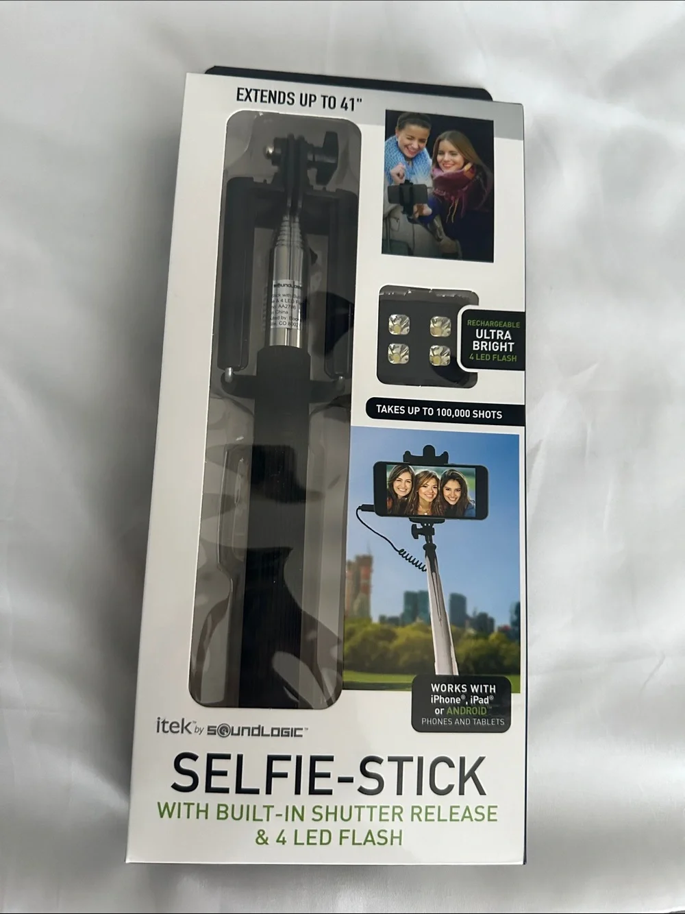 Selfie-Stick with Built-In Shutter Release & 4-LED Flash - Black
